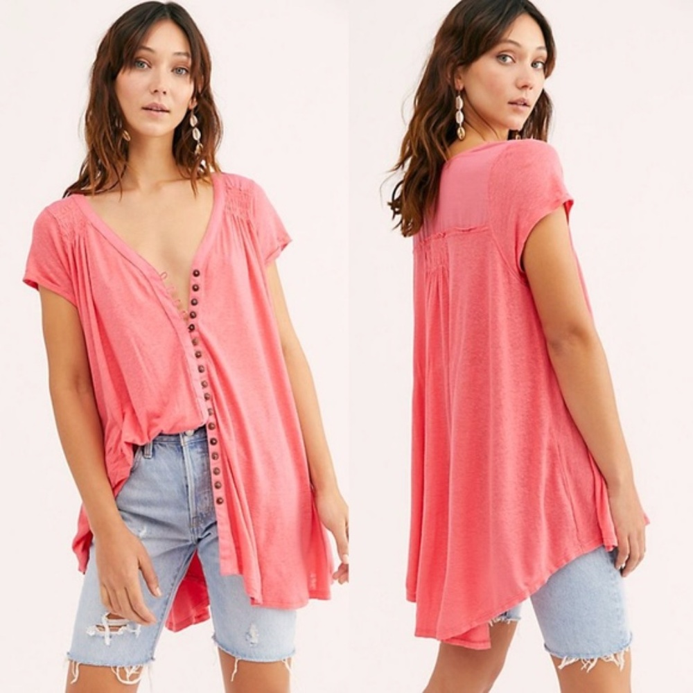 Free People Button Front Linen Blend Tunic Short Sleeve Coral V-Neck Highland